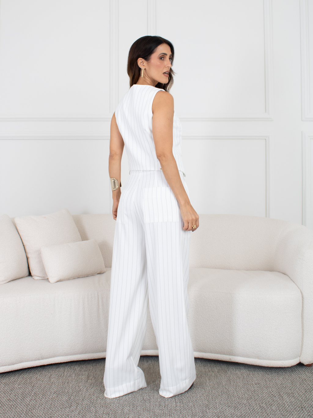 Calça Pantalona Laís - Risca de Giz Branco