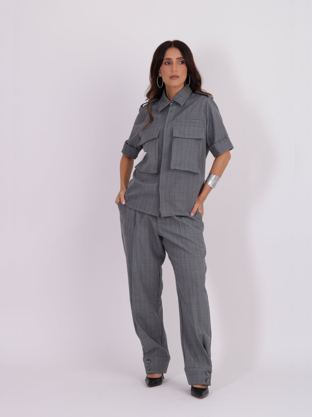 Camisa Utilitária - Risca de Giz Cinza