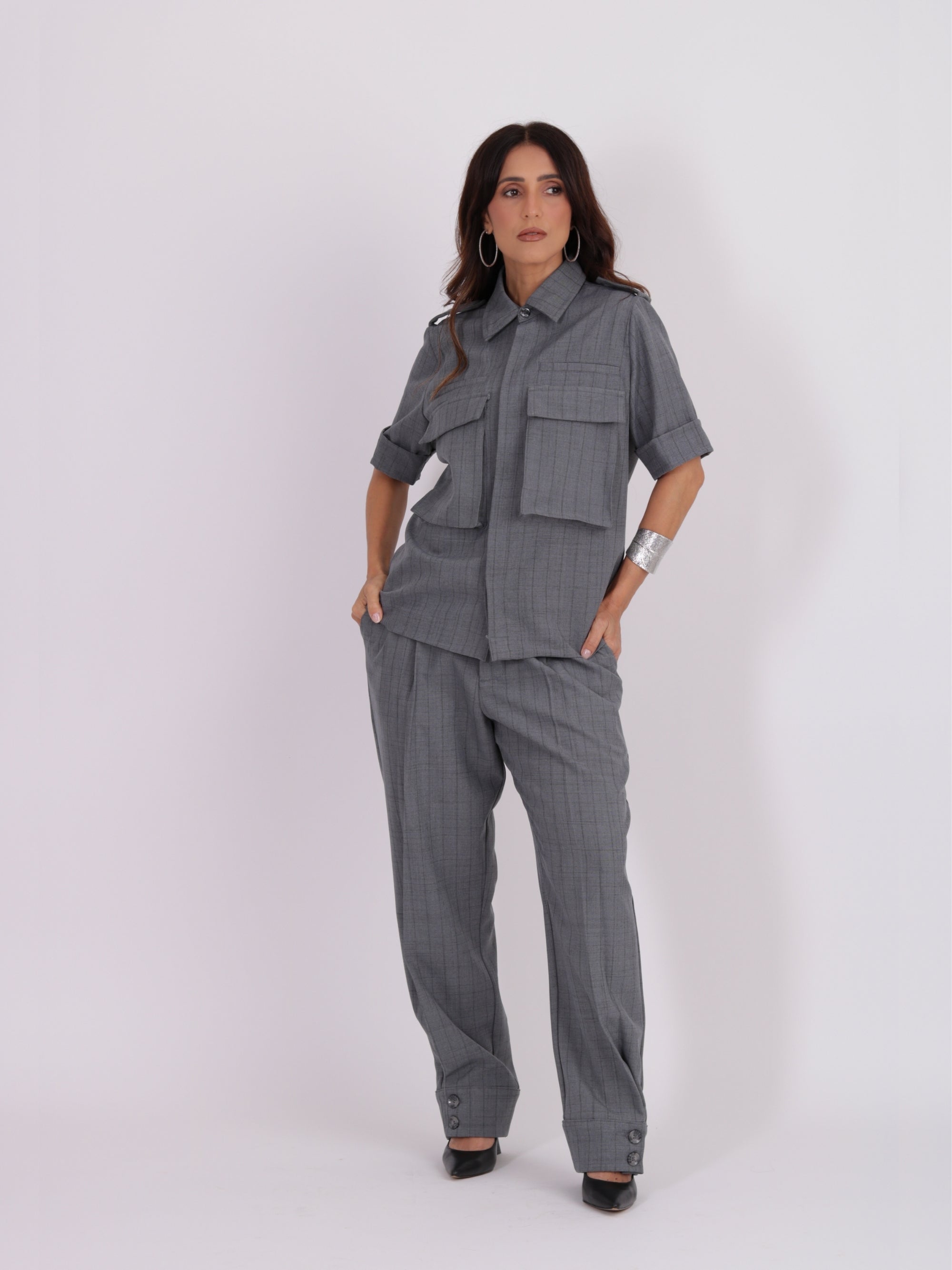 Camisa Utilitária - Risca de Giz Cinza