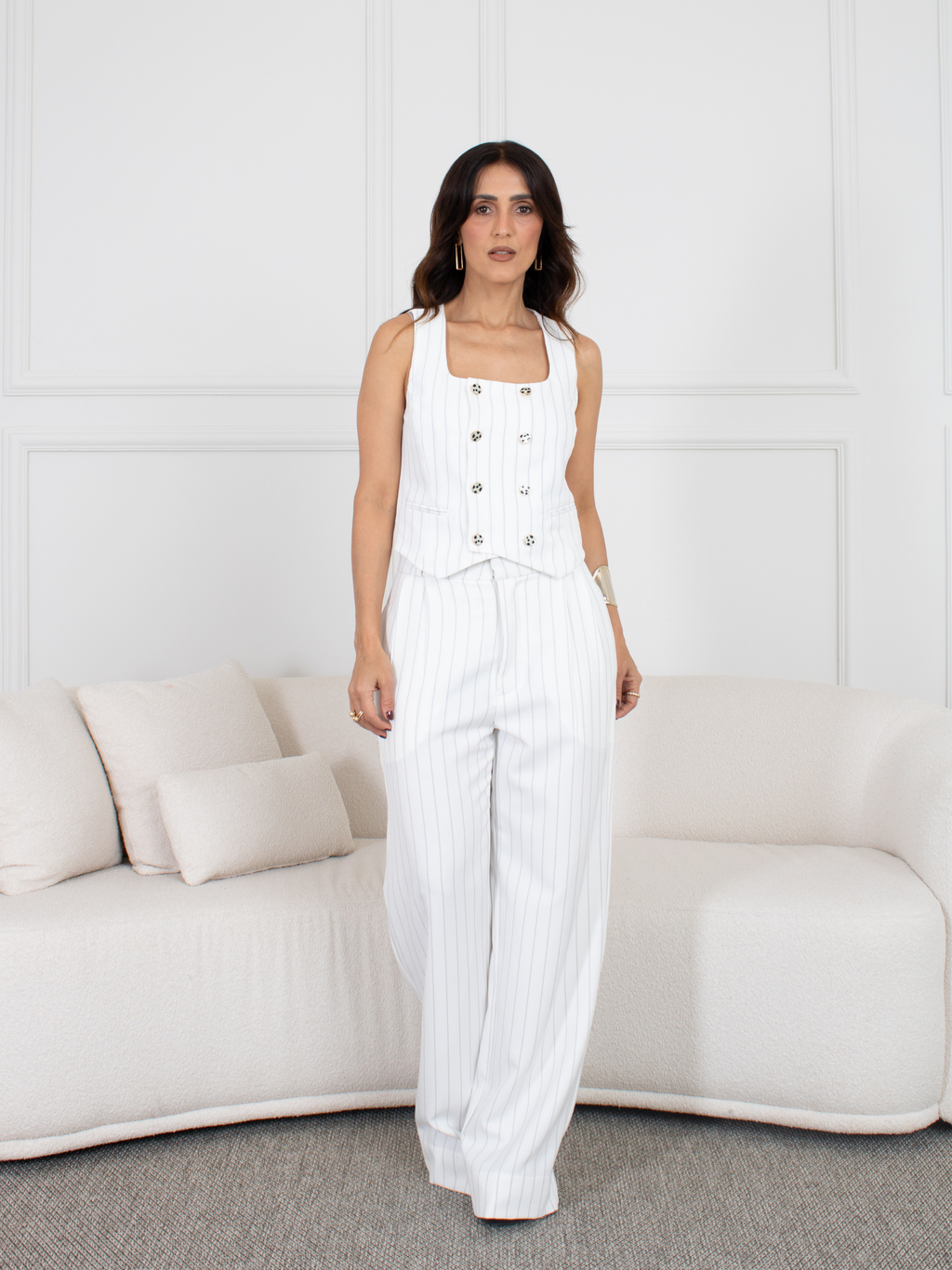 Calça Pantalona Laís - Risca de Giz Branco