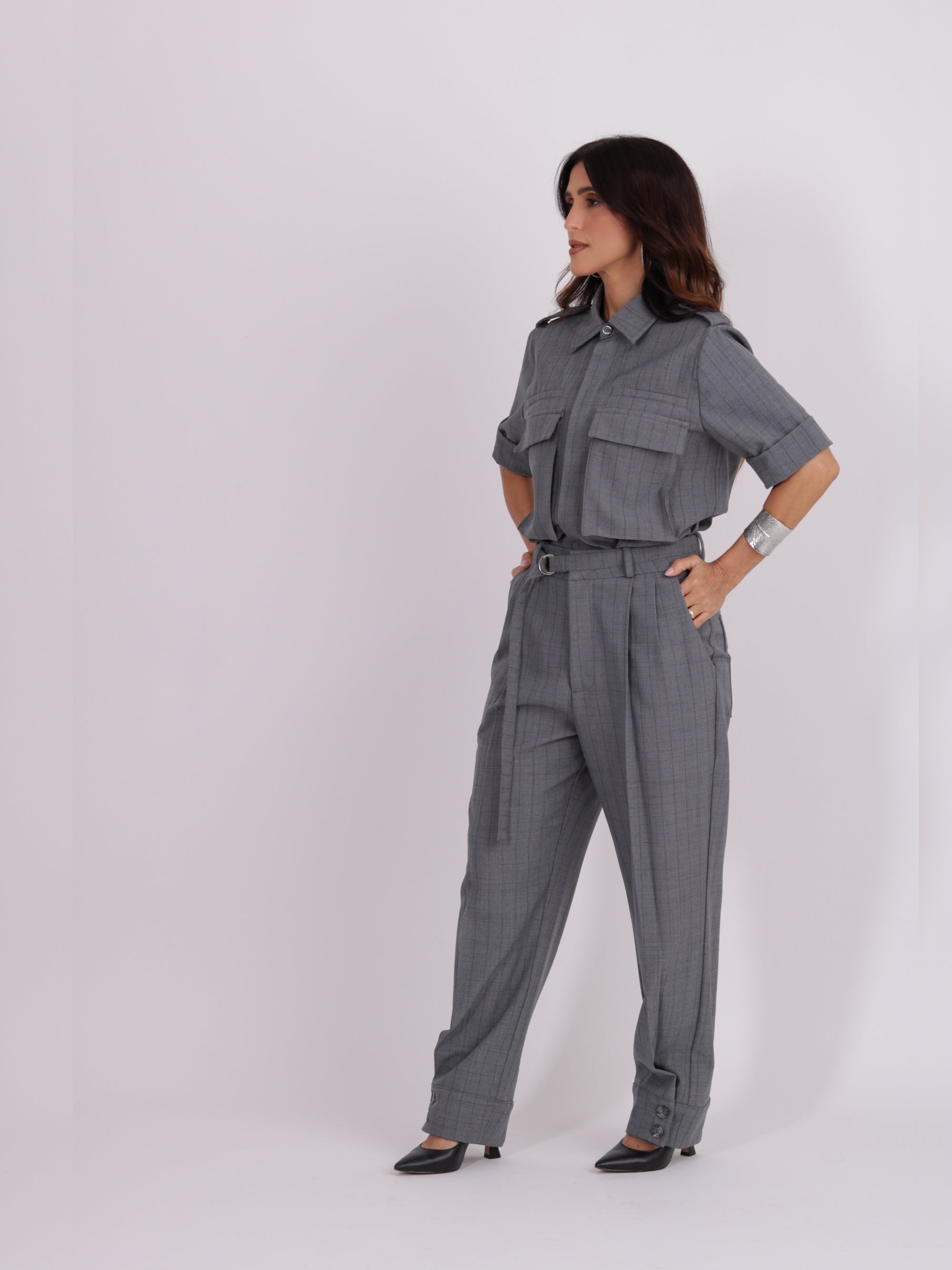Calça Lavínia Risca de giz Cinza