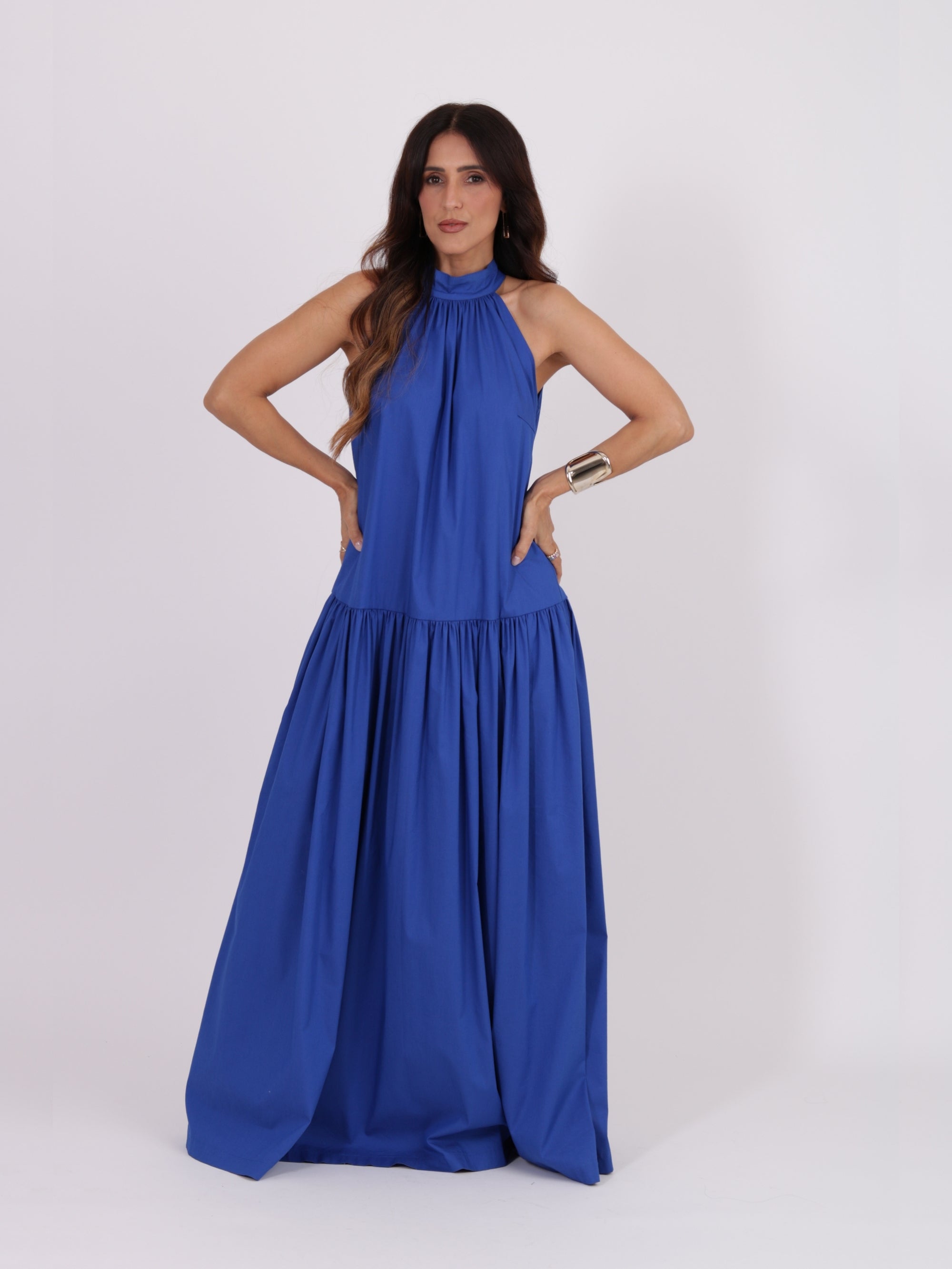 Vestido Longo Gola Alta - Cor Azul