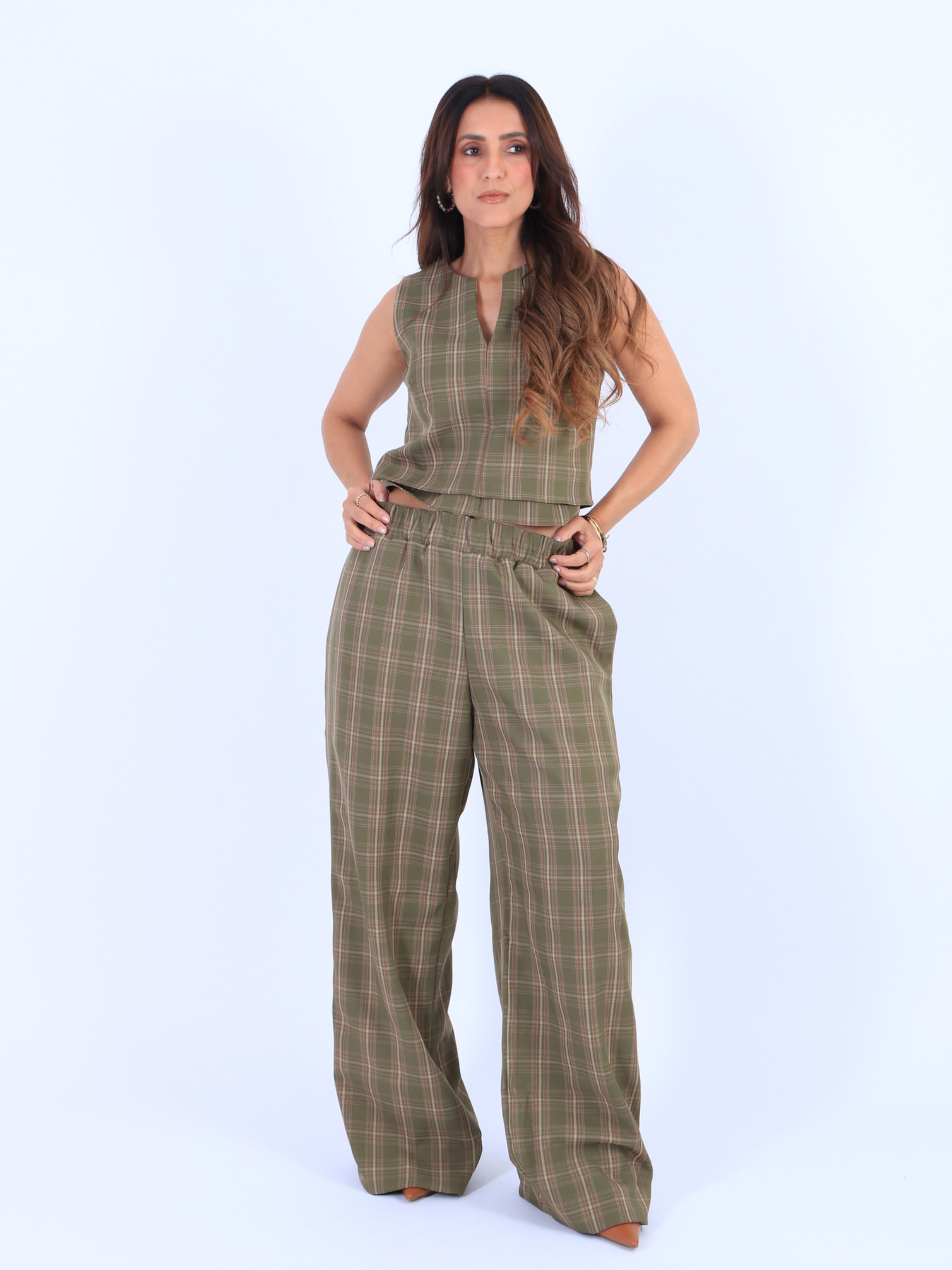 Calça Com elástico Patricia   - Xadrez verde
